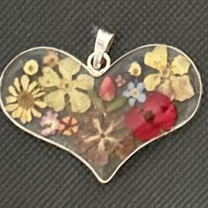Sterling Silver Heart Pendant w Dried Flowers in Resin 2”
